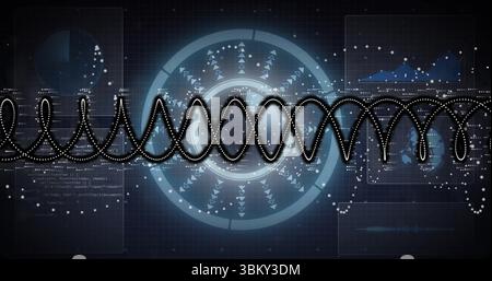 Displaying dotted sine-wave across virtual interface grid, with circular HUD, code panels and map Stock Photo