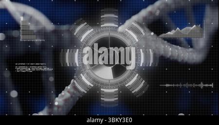 Displaying circular HUD in digital lab with DNA helix charts code snippet and waveform Stock Photo