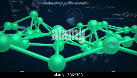 Floating network of neon green spheres connecting by rods in dark blue interface, world map overlay Stock Photo
