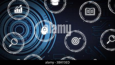 Displaying blue interface on left in grid, with white icons for search and growth, copy space Stock Photo