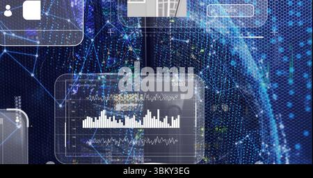 Displaying data chart panel showing graphs and 'TRACK' button on dashboard with network nodes Stock Photo