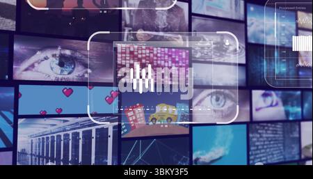 Transparent overlay projecting graph in data center display showing eye heart icons and code panels Stock Photo