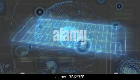 Displaying holographic grid floating at control center, with glowing sphere and circular HUD rings Stock Photo