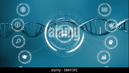 Displaying central HUD interface showing laptop icon in digital environment, featuring DNA helix Stock Photo