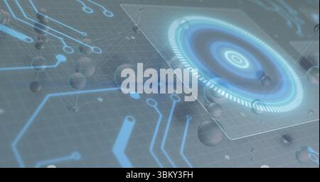 Displaying holographic panel with rings over digital grid, neon circuit nodes, spheres, copy space Stock Photo