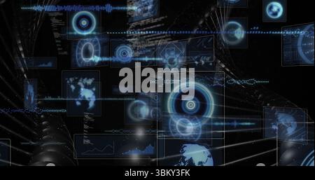 Displaying holographic panels and gauge interfaces floating in dark cyberspace with code snippets Stock Photo