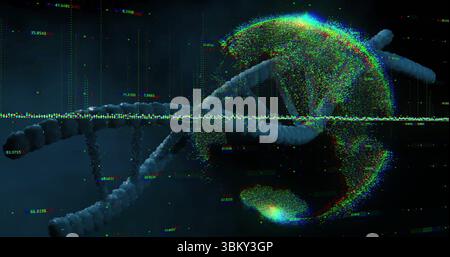 Twisting DNA helix turning through data space with particle field and data line with numeric labels Stock Photo