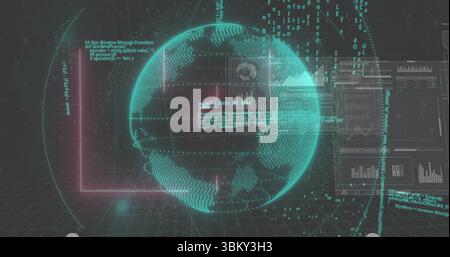 Rotating glowing wireframe globe appearing in futuristic interface, with code and data panels Stock Photo