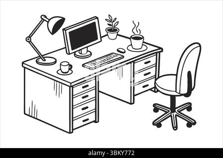 Home Office Desk Workspace Silhouette - Remote Work Setup Stock Vector