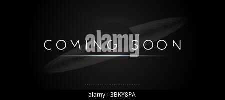 Coming Soon Banner Futuristic Minimal Font, Dark Saturn Planet Rings Background, Light Glow Effect. Ideal For SciFi Projects, Launch Conference Stock Vector