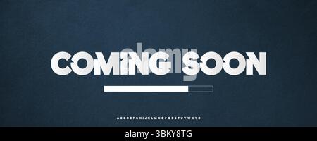 Coming Soon Banner With Bold Geometric Font, Progress Bar, And Dark Blue Textured Background. Great For Website Launches, Teasers, Or Loading Screens Stock Vector