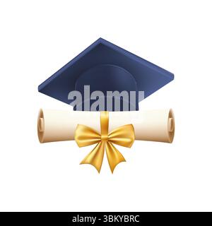 3d diploma scroll with graduate hat. Vintage roll paper Stock Vector