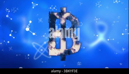 Displaying textured Bitcoin symbol hovering in virtual space, glowing molecular structures merging Stock Photo