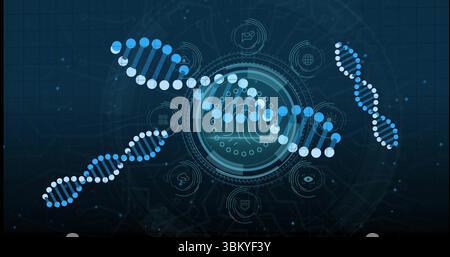Displaying central HUD glowing with DNA helix at blue grid screen, featuring technology icons Stock Photo
