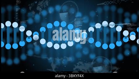 Displaying DNA double helix at virtual interface with bokeh lights, code, world map and UI overlays Stock Photo
