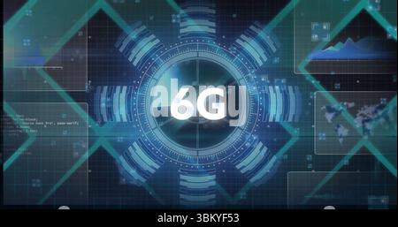 Displaying 6G circular HUD on virtual dashboard, with hexagonal grid and radial data bars Stock Photo