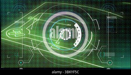 Projecting HUD interface showing concentric rings and lines on control screen, with hexagonal nodes Stock Photo