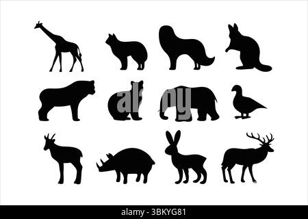 Wild Animal Silhouettes Collection - Safari and Forest Animals Vector Set Stock Vector