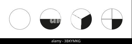 Round divided diagrams with from one to four segments. Circle division on from 1 to 4 equal parts. Infographic samples. Coaching blank. Outline Stock Vector