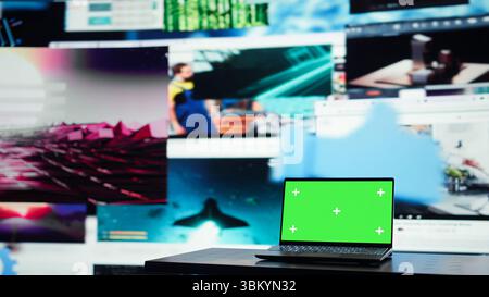 Green screen laptop in front of endless grid of streaming windows displaying mixed media. Mockup notebook and digital interface showing video platform distributing content to global viewers Stock Photo