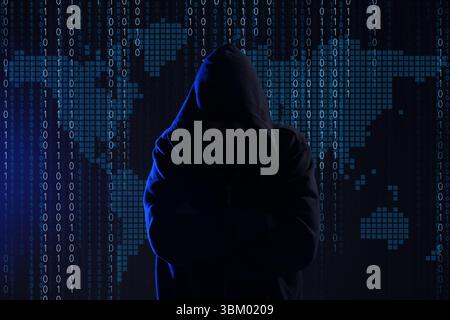 Cyber attack. Anonymous hacker against virtual world map and binary code Stock Photo