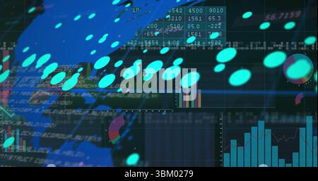 Displaying turquoise data points over dark interface, showing code, tables, charts, world map Stock Photo