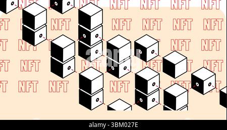 Black-and-white cubes showing red accents in diagonal grid in digital art, with repeating NFT text Stock Photo