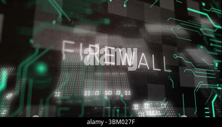 Displaying FIREWALL with floating dot matrix blocks and neon-green circuitry in network interface Stock Photo