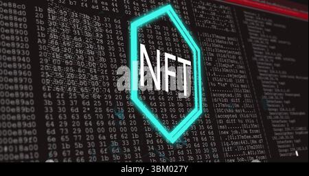 Displaying glowing neon green hexagon with NFT letters on software dashboard, with code and logs Stock Photo