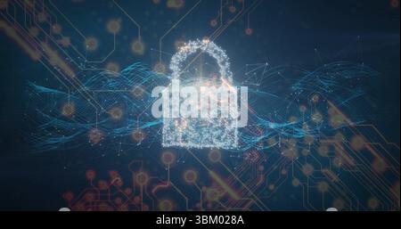 Floating particle padlock icon in network space, with blue data waves and orange circuit traces Stock Photo