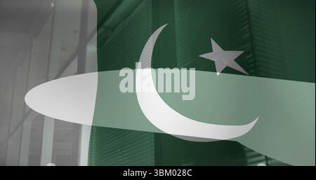 Displaying stylized flag graphic overlaying office interior, with glass panels and window blinds Stock Photo