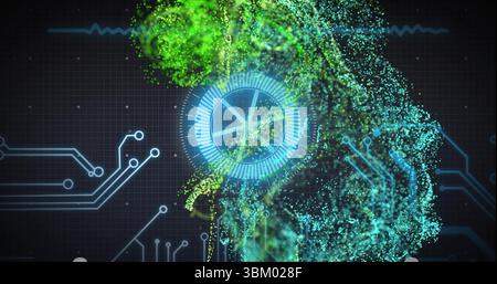Rotating circular gauge streaming green aqua particles over dark grid backdrop showing blue traces Stock Photo
