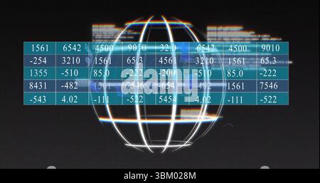 Displaying translucent globe rotating on screen, with teal-blue matrix and glitch code fragments Stock Photo