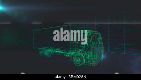 Displaying green wireframe 3D semi-truck model in dark virtual teal grid environment, lens flare Stock Photo