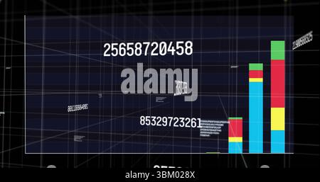 Displaying colorful vertical bar chart rising in dashboard with numeric labels, 3D grid, copy space Stock Photo
