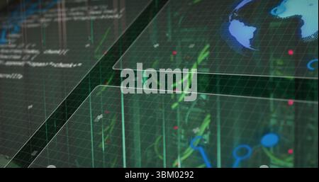 Displaying interface overlaying grid planes with scrolling code, neon circuits, red nodes Stock Photo