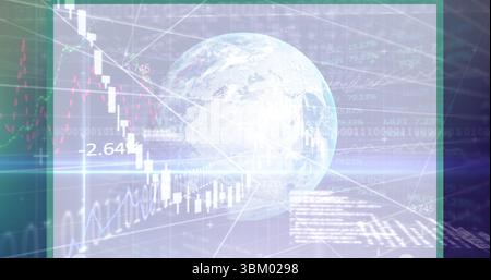 Displaying 3D globe floating over financial dashboard, with line graphs, candlestick bars and code Stock Photo
