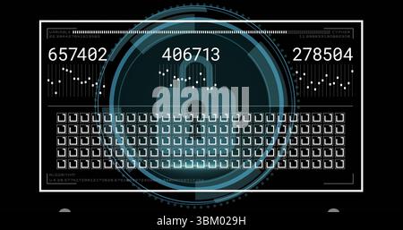 Displaying padlock icon pulsing with gauge rings on security dashboard, with three six-digit codes Stock Photo