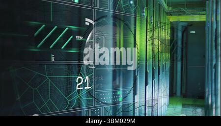 Floating circular HUD overlay illuminating server racks in server corridor, wireframe map grid Stock Photo