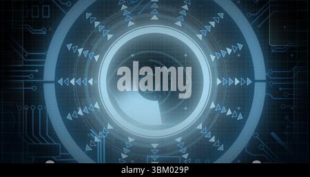 Displaying circular HUD rotating over dark digital grid, with concentric rings and circuit lines Stock Photo