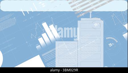 Showing abstract dashboard featuring panels with rising bar charts on blue screen, gauges Stock Photo