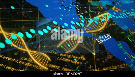 Displaying golden DNA helix strands in virtual data space with cyan trail and world map overlay Stock Photo
