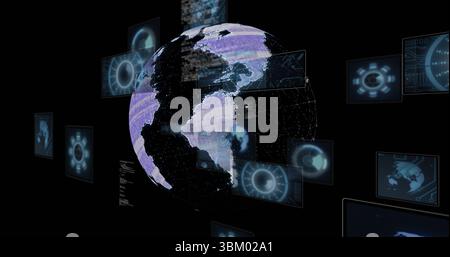 Rotating dot matrix digital globe spinning in digital interface, with holographic panels and maps Stock Photo