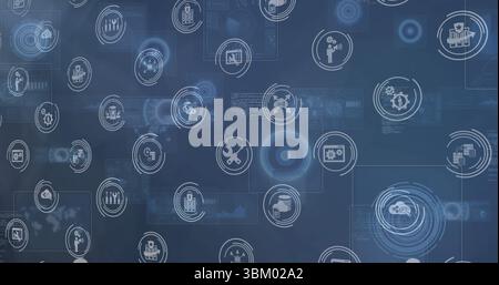 Dark blue digital interface displaying floating panels linked by thin lines, tech icons, copy space Stock Photo