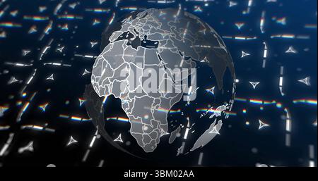 Floating digital globe showing continent outlines in grid matrix, with arrows and glowing particles Stock Photo