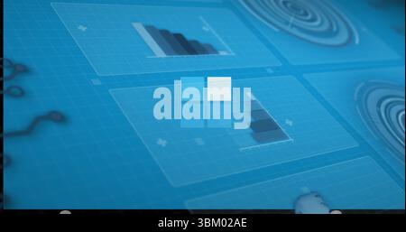 Displaying dashboard featuring translucent panels, four-pane logo on grid with bar and ring charts Stock Photo