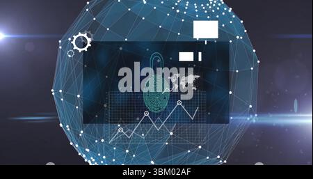Displaying fingerprint padlock icon on wireframe sphere in cyberspace with data grid and line chart Stock Photo