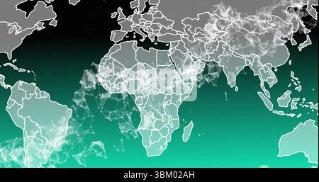 Displaying digital map showing white continent outlines over green-black gradient with mesh nodes Stock Photo