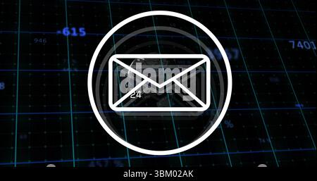 Displaying white envelope icon pulsing within digital dashboard interface, with numeric data points Stock Photo