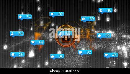 Displaying padlock with user badge 60 on digital grid, social badges, binary code, circuitry lines Stock Photo